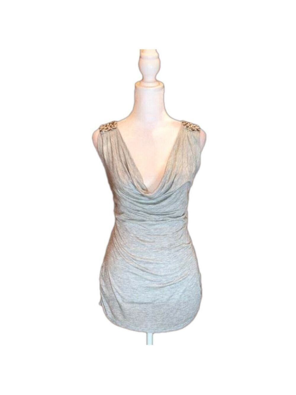 JESSICA SIMPSON Gray Cowl Neck Tank Top w/ Chain Bling at Shoulders, Size XS